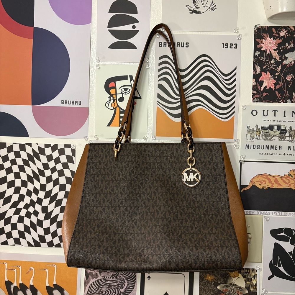 Michael Kors Monogram Shoulder Bag w/ MK Charm & Tortoise Chain Accents – Brown